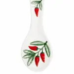 Poggiamestolo ceramica bianca decorato peperoncini rossi foglie verdi lucido