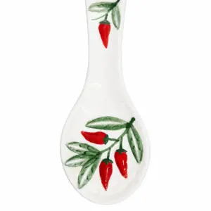 Poggiamestolo ceramica bianca decorato peperoncini rossi foglie verdi lucido