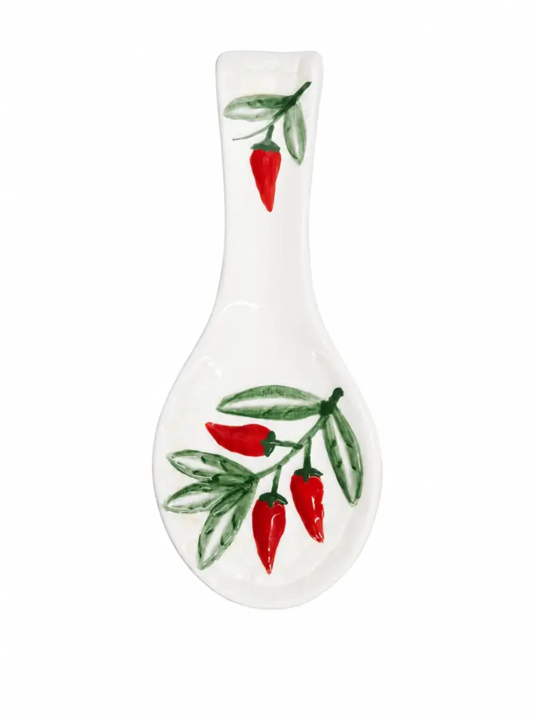Poggiamestolo ceramica bianca decorato peperoncini rossi foglie verdi lucido