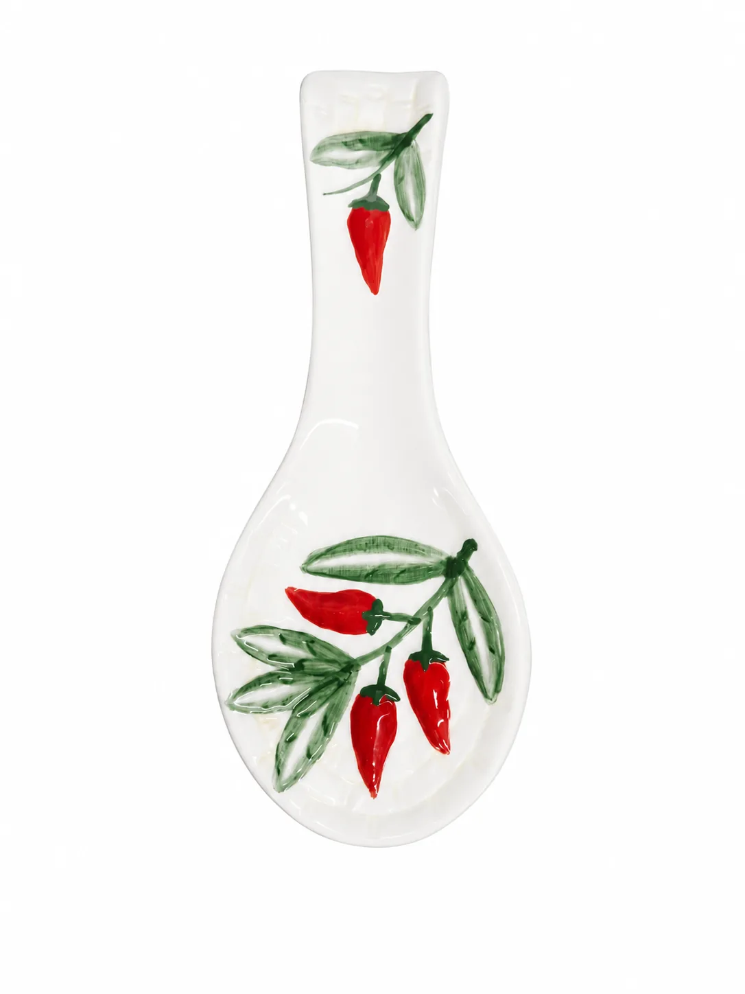 Poggiamestolo ceramica bianca decorato peperoncini rossi foglie verdi lucido