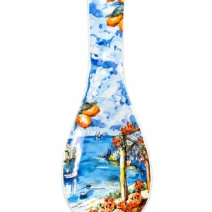 Poggiamestolo ceramica decorato con paesaggio costiero case colorate mare blu arance