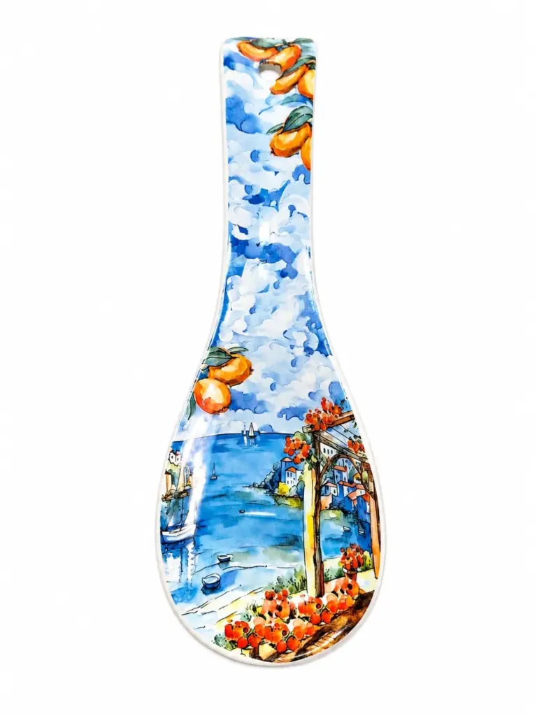 Poggiamestolo ceramica decorato con paesaggio costiero case colorate mare blu arance