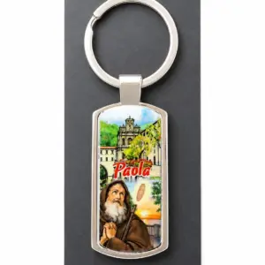 Portachiavi metallo argentato con santuario di Paola e San Francesco in preghiera su sfondo verde