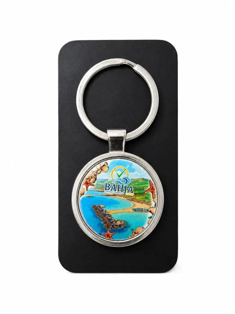 Portachiavi mare bahja rotondo metallo con conchiglie stelle marine azzurro arancione
