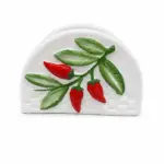 Portatovaglioli ceramica bianca con peperoncini rossi in rilievo e foglie verdi lucide