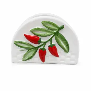 Portatovaglioli ceramica bianca con peperoncini rossi in rilievo e foglie verdi lucide