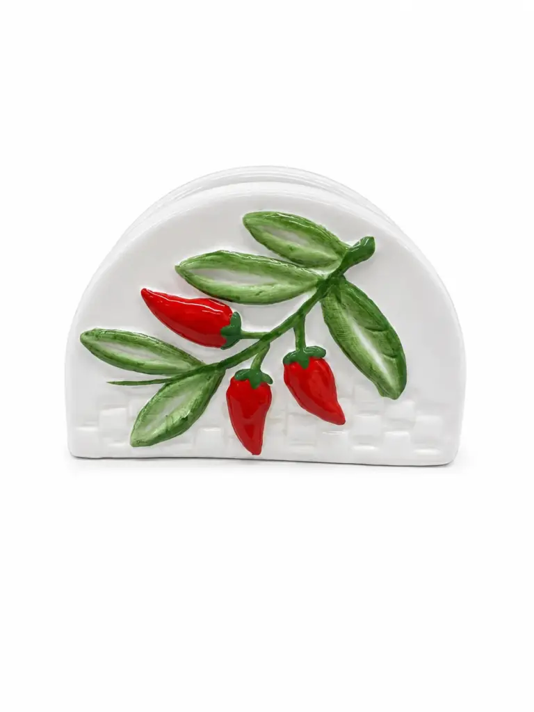 Portatovaglioli ceramica bianca con peperoncini rossi in rilievo e foglie verdi lucide