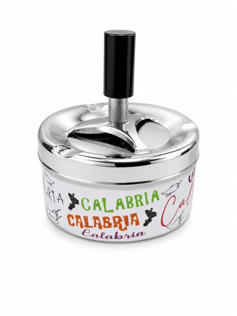 Posacenere metallo cromato antivento con scritta Calabria multicolore e peperoncini stilizzati