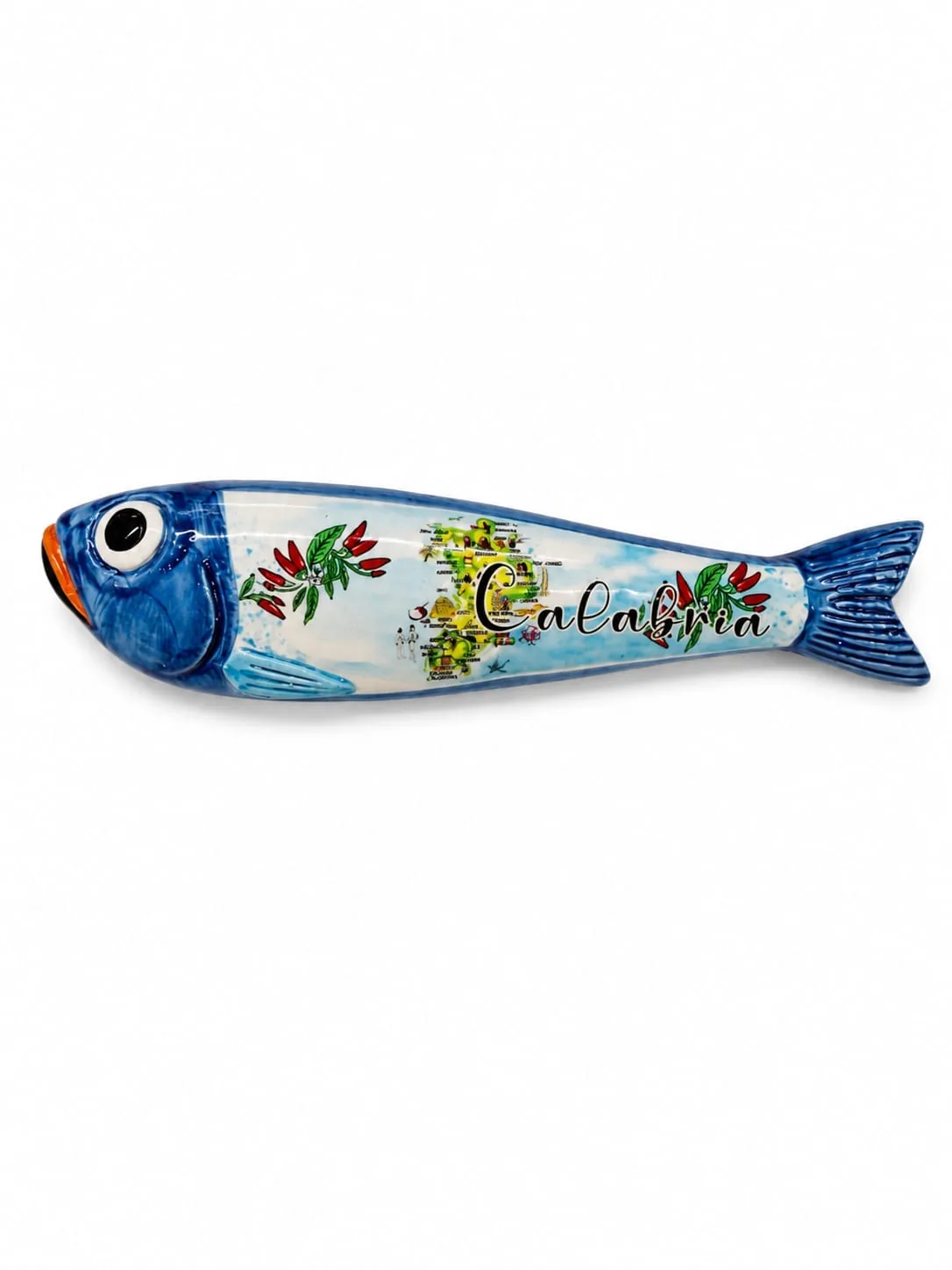 Sardina ceramica blu decorativa con paesaggio costiero calabrese dipinto e scritta Calabria
