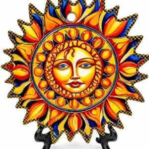 Piatto poggia pentole ceramica decorativo con sole stilizzato raggi multicolore giallo arancio rosso blu