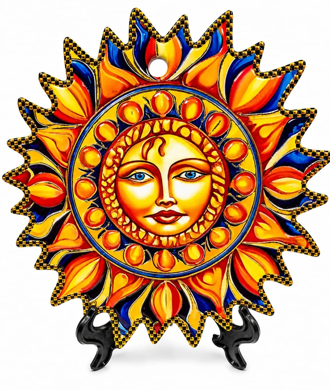 Piatto poggia pentole ceramica decorativo con sole stilizzato raggi multicolore giallo arancio rosso blu