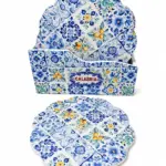 Sottobicchieri ceramica calabria con rosoni azzurri e turchesi su fondo bianco, forma smerlata