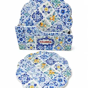 Sottobicchieri ceramica calabria con rosoni azzurri e turchesi su fondo bianco, forma smerlata