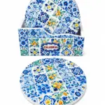 Sottobicchieri calabria maiolica rotondi con limoni e rosoni blu su fondo bianco, confezione da sei pezzi