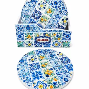 Sottobicchieri calabria maiolica rotondi con limoni e rosoni blu su fondo bianco, confezione da sei pezzi
