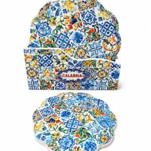 Sottobicchieri ceramica calabria set sei pezzi rosoni policromi limoni bordo smerlato
