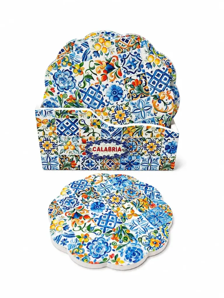 Sottobicchieri ceramica calabria set sei pezzi rosoni policromi limoni bordo smerlato