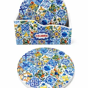 Sottobicchieri calabria rosoni set sei pezzi decorazione blu giallo maiolica mediterranea