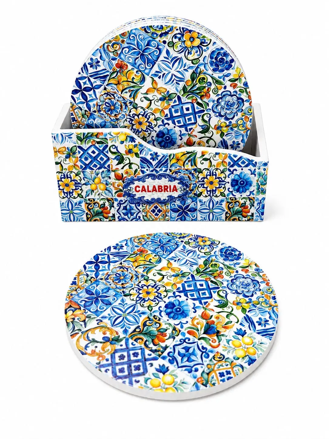 Sottobicchieri calabria rosoni set sei pezzi decorazione blu giallo maiolica mediterranea