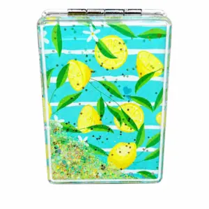 Specchietto limoni richiudibile rettangolare con strisce azzurre, limoni, foglie e glitter mobili.