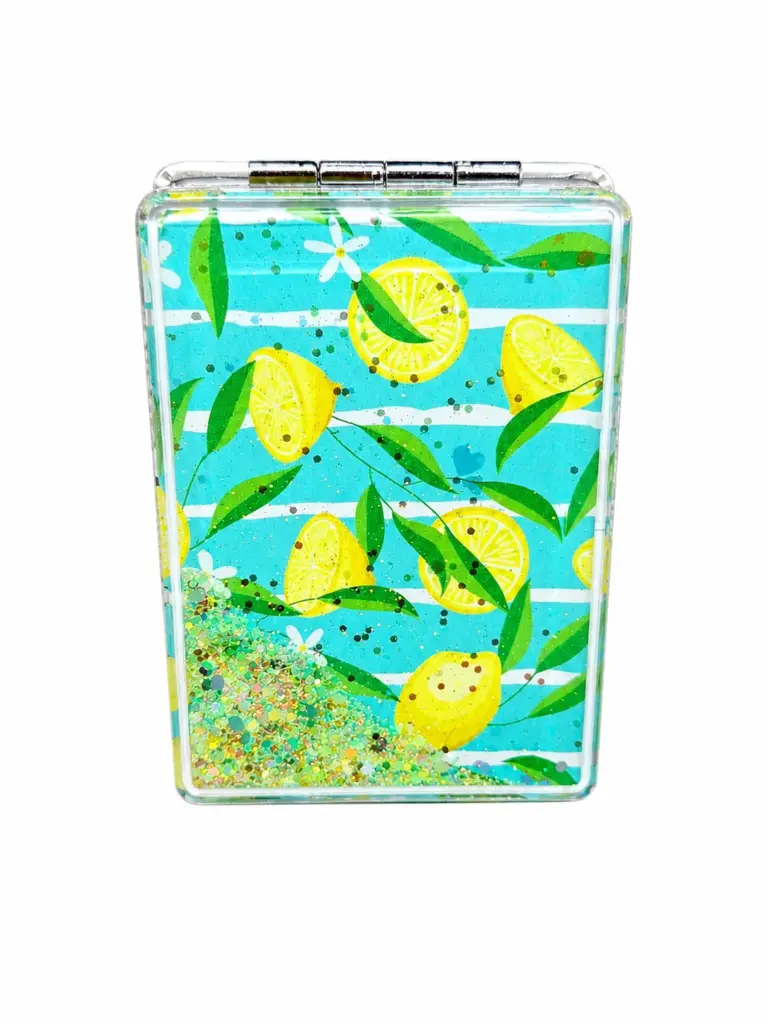 Specchietto limoni richiudibile rettangolare con strisce azzurre, limoni, foglie e glitter mobili.