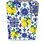 Specchietto rettangolare decorato con limoni gialli e ornamenti floreali blu cobalto su fondo bianco