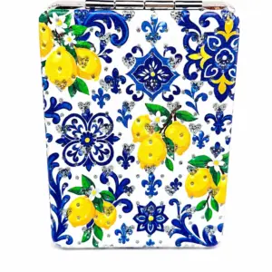 Specchietto rettangolare decorato con limoni gialli e ornamenti floreali blu cobalto su fondo bianco