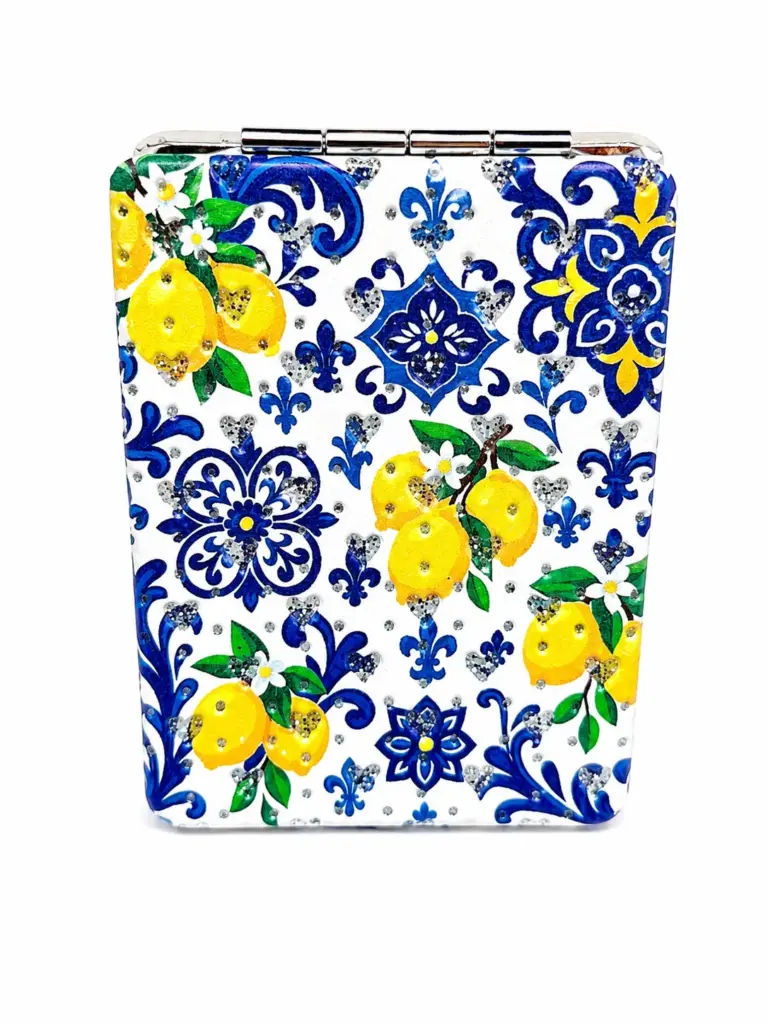 Specchietto rettangolare decorato con limoni gialli e ornamenti floreali blu cobalto su fondo bianco