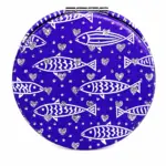 Specchietto pesci blu tascabile rotondo con motivo pesci stilizzati bianchi e cuori argentati