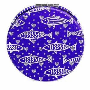 Specchietto pesci blu tascabile rotondo con motivo pesci stilizzati bianchi e cuori argentati