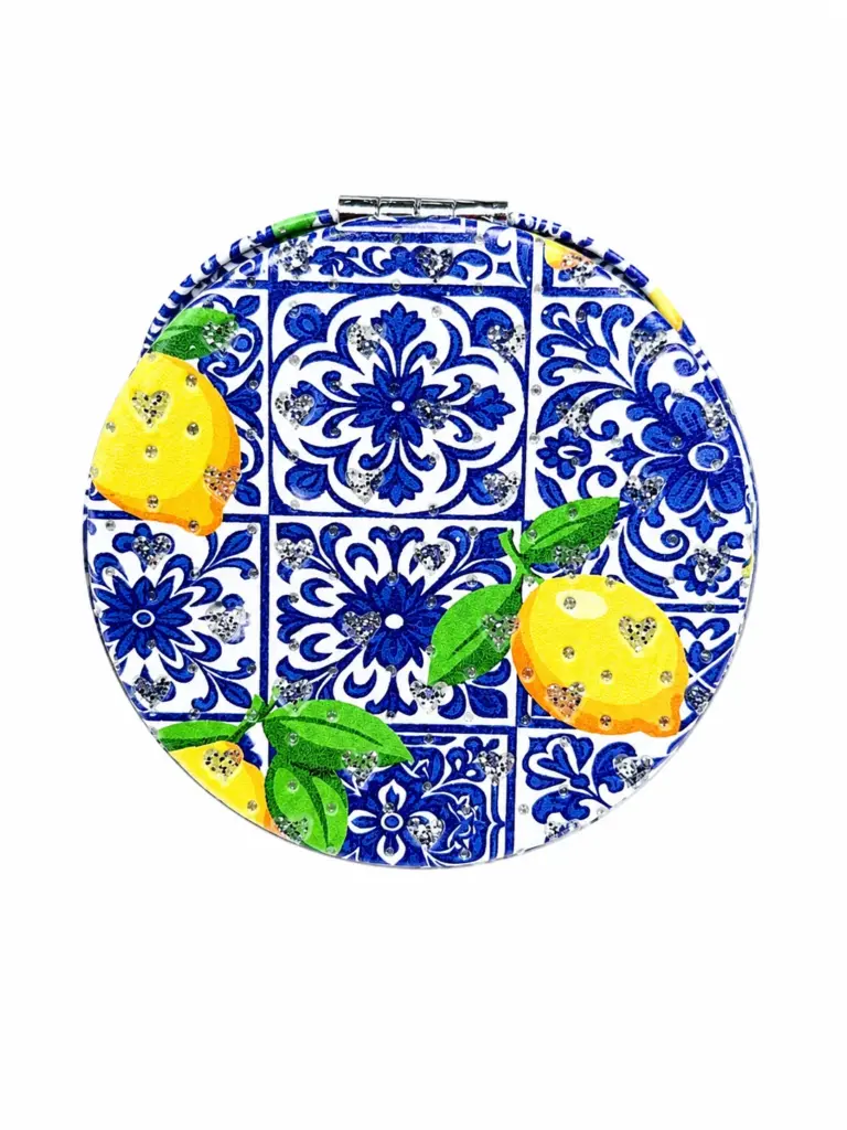 Specchietto tascabile rotondo con limoni gialli in rilievo e decorazioni a maioliche blu su fondo bianco