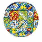 Specchietto tascabile rotondo decorato con mosaico di maioliche multicolore stile mediterraneo