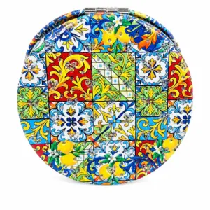 Specchietto tascabile rotondo decorato con mosaico di maioliche multicolore stile mediterraneo