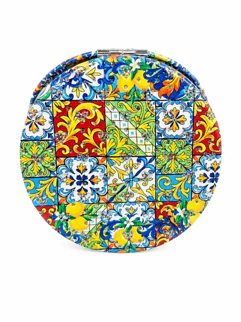 Specchietto tascabile rotondo decorato con mosaico di maioliche multicolore stile mediterraneo