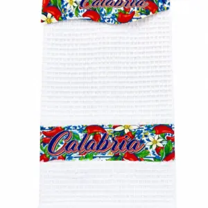 Strofinaccio calabria peperoncino tessuto bianco nido d'ape fasce floreali rosse verdi blu