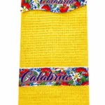 Strofinaccio giallo nido d'ape con fasce decorative peperoncini rossi fiori scritta Calabria