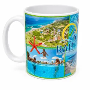Tazza ceramica bianca con collage fotografico Bahja Villaggio Residence mare turchese piscine