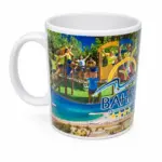 Tazza ceramica bianca con logo Bahja Villaggio Turistico e foto di giochi colorati e mare turchese