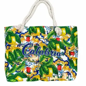 Borsa mare calabria con manici corda intrecciata bianca stampa limoni gialli foglie verdi volute blu