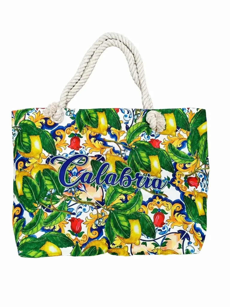 Borsa mare calabria con manici corda intrecciata bianca stampa limoni gialli foglie verdi volute blu