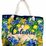 Borsa mare calabria limoni tessuto blu decorazioni barocche manici corda intrecciata