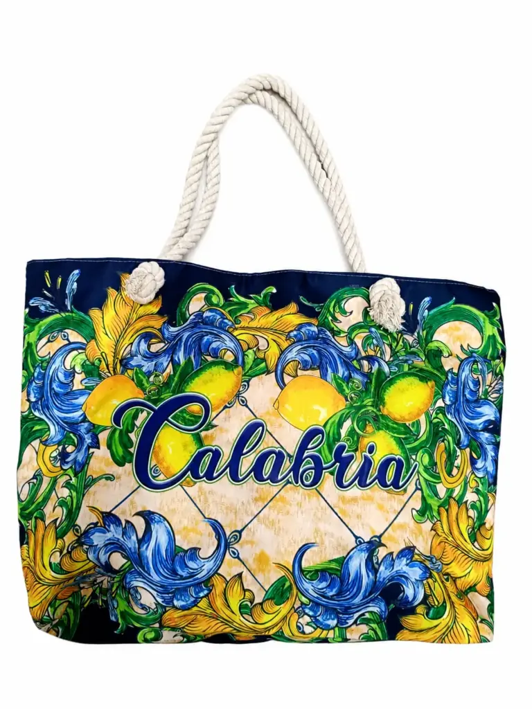 Borsa mare calabria limoni tessuto blu decorazioni barocche manici corda intrecciata