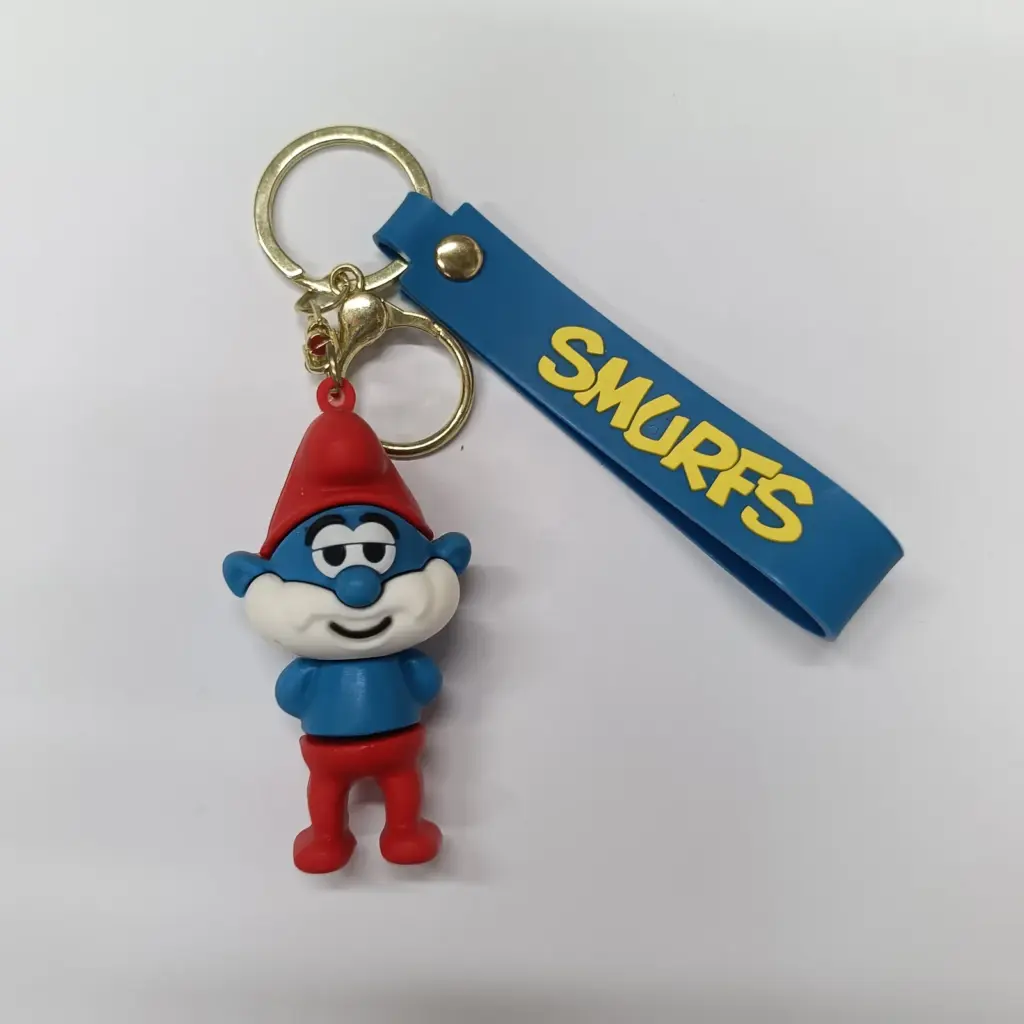 Portachiavi puffo con ciondolo tridimensionale blu rosso e anello metallico dorato