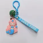 Portachiavi sirena kawaii gomma rosa azzurro con campanellino verde e scritta I Love You