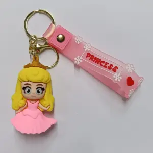 Portachiavi principessa Disney Aurora in gomma rosa con targhetta Princess e anello dorato