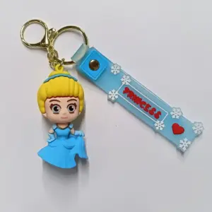 Portachiavi Cenerentola Disney con figura tridimensionale e targhetta azzurra con fiocchi di neve