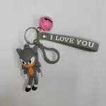 Portachiavi Sonic con ciondolo I Love You e campanellino rosa su anello metallico argentato