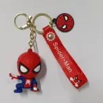 Portachiavi Spider-Man con figurina chibi rossa e blu, ciondolo circolare rosso e nastro gomma