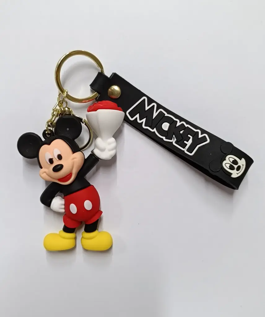 Portachiavi topolino mickey in gomma con anello metallico dorato e targhetta nera
