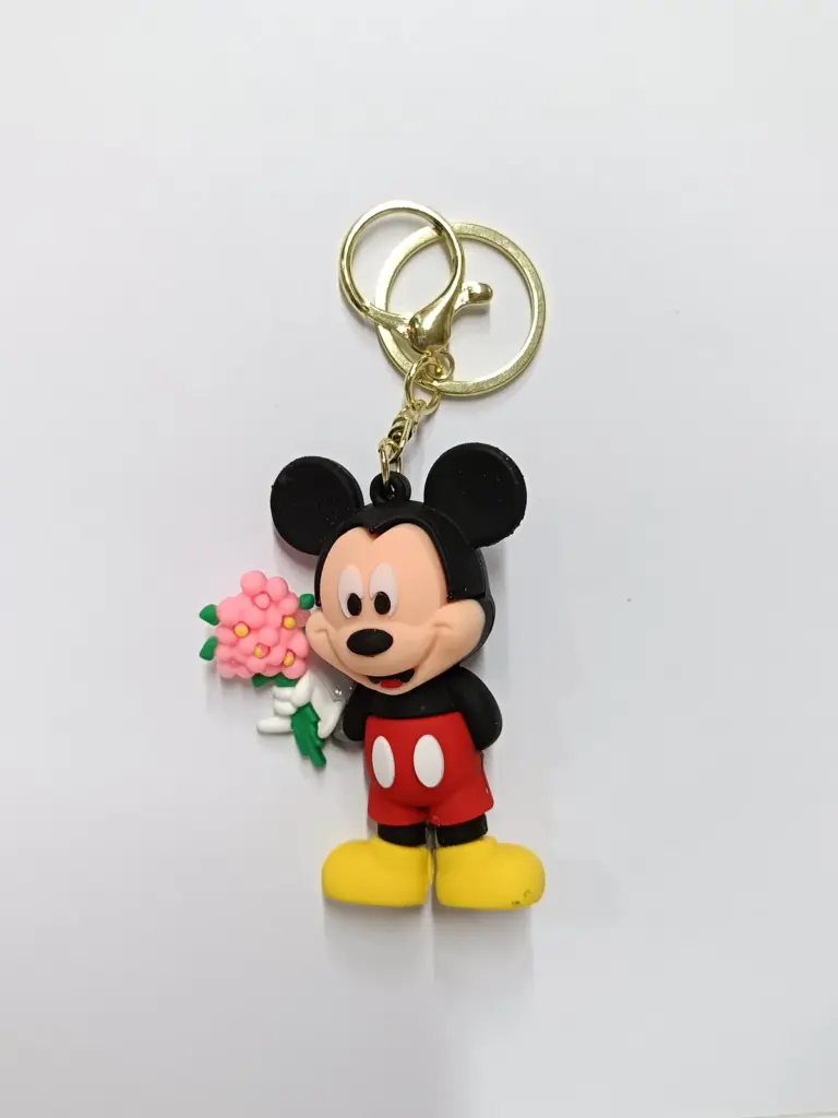 Portachiavi topolino fiori con ciondolo in gomma colorata e attacco metallo dorato